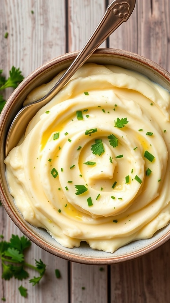 Creamy zesty mashed potatoes garnished with parsley and chives in a rustic bowl.